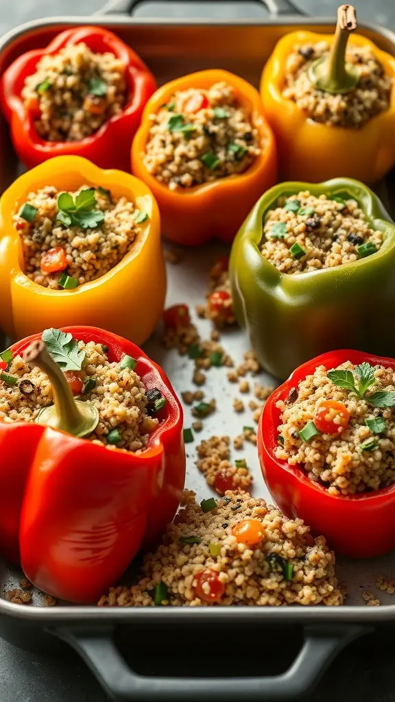 Stuffed bell peppers filled with quinoa, tomatoes, and herbs, arranged in a baking dish.