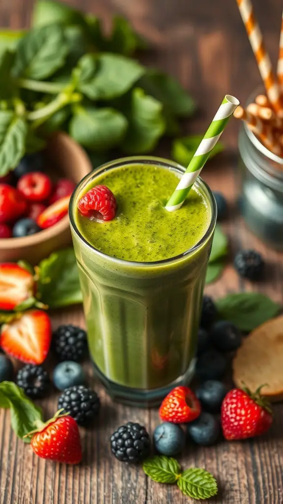 A green smoothie made with spinach and berries, garnished with a raspberry, surrounded by fresh berries and mint leaves.