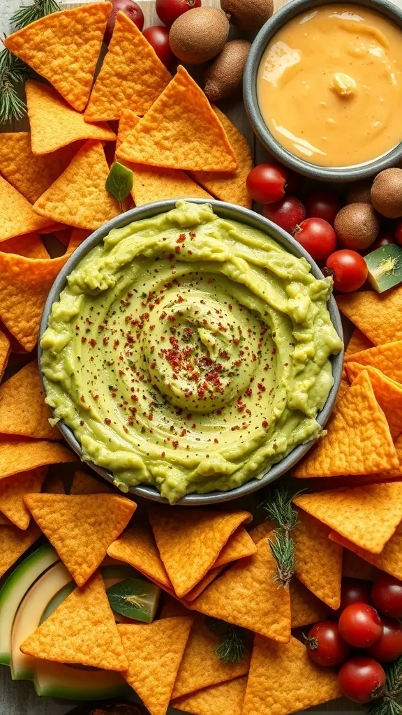 A colorful spread of tortilla chips with avocado dip and cheese dip, surrounded by fresh vegetables.