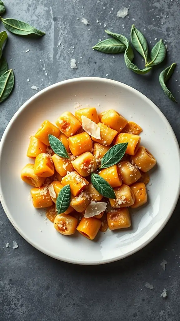 A plate of pumpkin sage gnocchi garnished with sage leaves and cheese.
