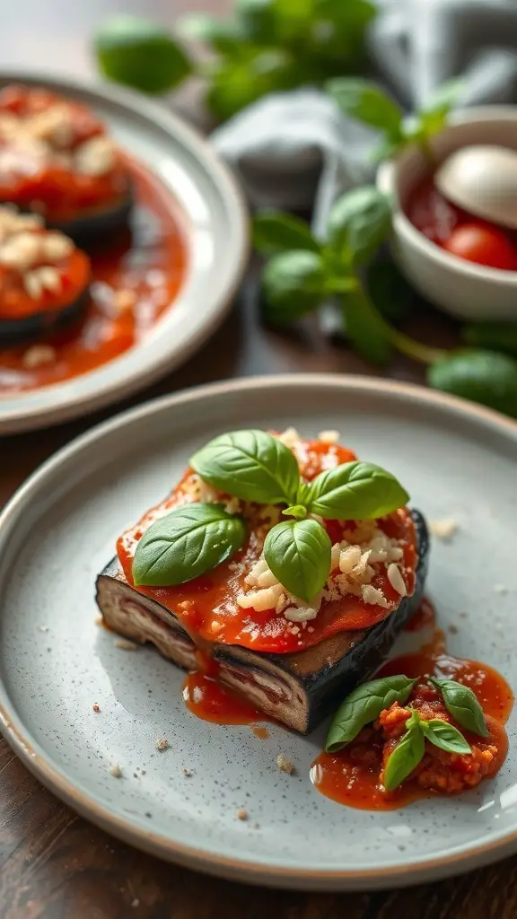 A plate of lightened-up Eggplant Parmesan with marinara sauce and fresh basil.