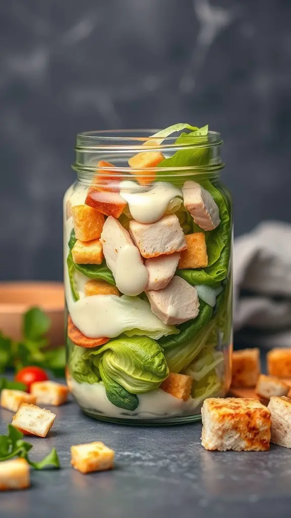 A jar filled with Chicken Caesar Salad, showcasing layers of lettuce, chicken, croutons, and dressing.