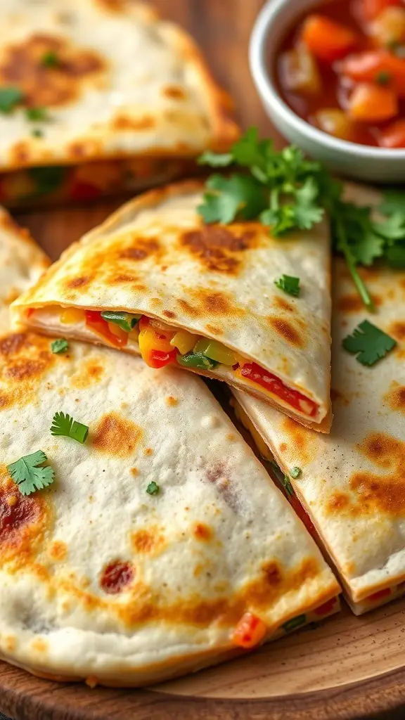 A delicious breakfast quesadilla filled with cheese and colorful veggies, served with salsa.