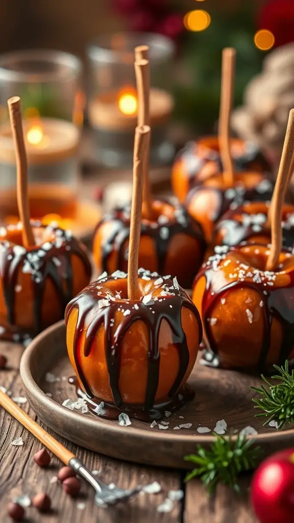 A plate of caramel apples drizzled with chocolate and sprinkled with sea salt, with candles in the background.