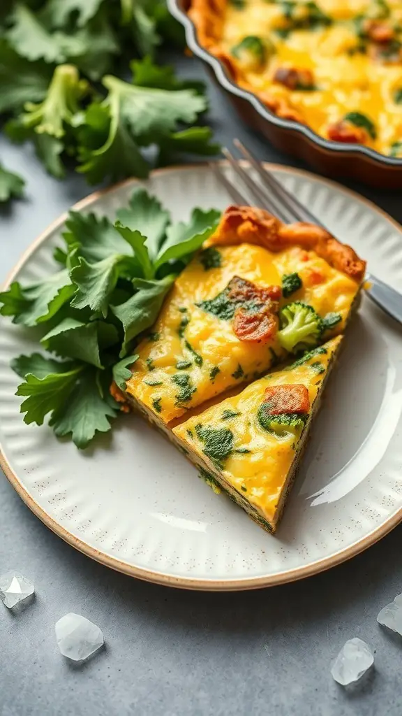 A slice of broccoli and cheddar frittata on a plate, garnished with fresh greens.