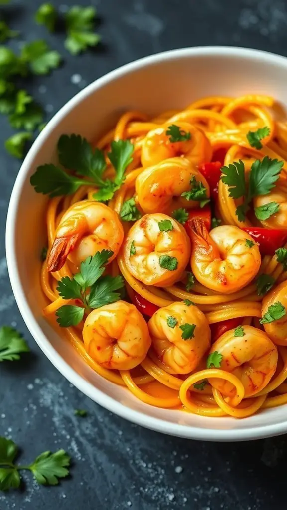 A bowl of Thai shrimp coconut curry pasta garnished with fresh herbs.