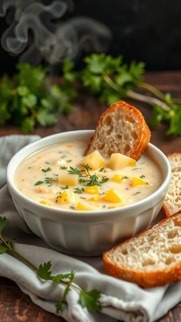 A bowl of potato and corn chowder with bread on the side.