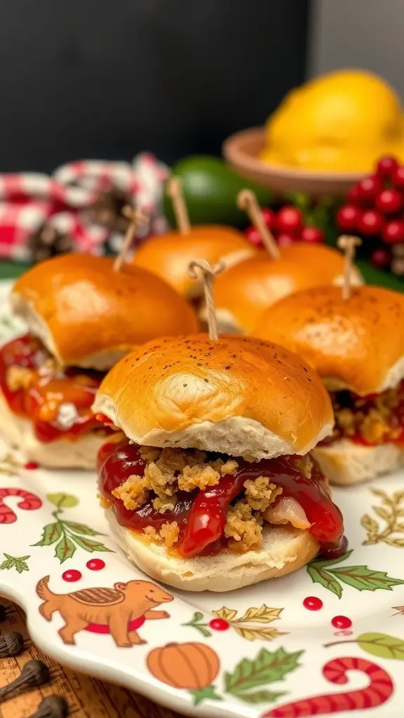 A plate of turkey and cranberry sliders with festive decorations.
