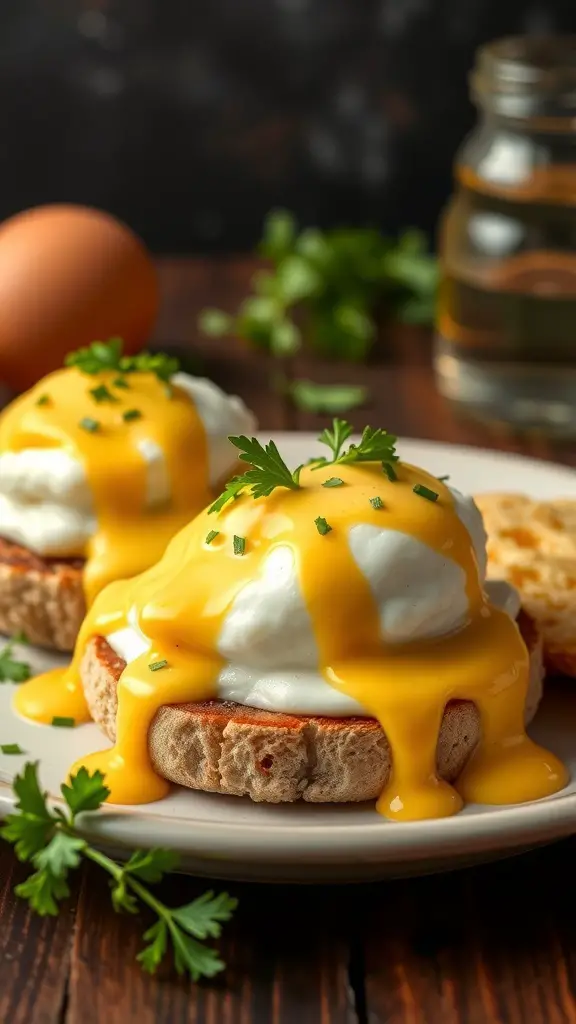 A plate of Eggs Benedict topped with Hollandaise sauce, garnished with parsley, on a wooden table.