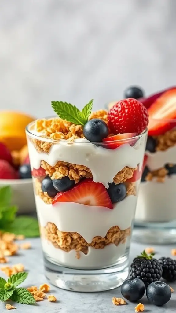 A delicious Greek yogurt parfait with layers of granola and fresh berries.
