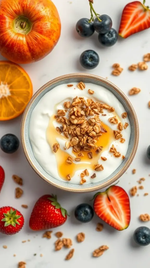 A bowl of yogurt topped with granola and honey, surrounded by fresh fruits like strawberries, blueberries, and an apple.