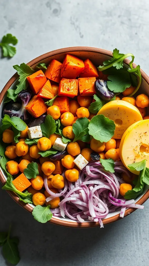 A colorful Sweet Potato and Chickpea Buddha Bowl filled with roasted sweet potatoes, chickpeas, fresh greens, and sliced red onions.