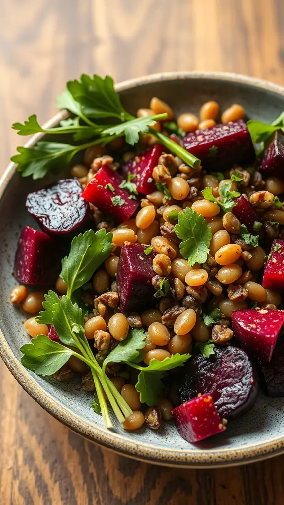 A bowl of warm lentil and beet salad with fresh herbs.