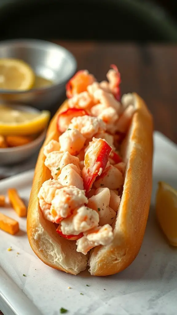 A delicious lobster roll filled with lobster meat and served with lemon wedges.
