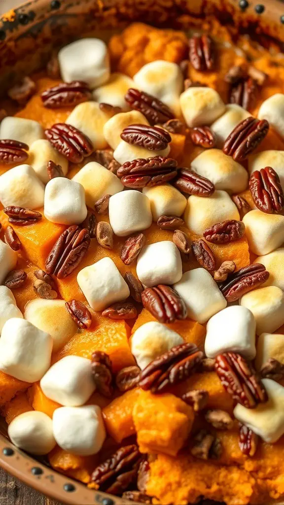 Savory sweet potato casserole topped with marshmallows and pecans