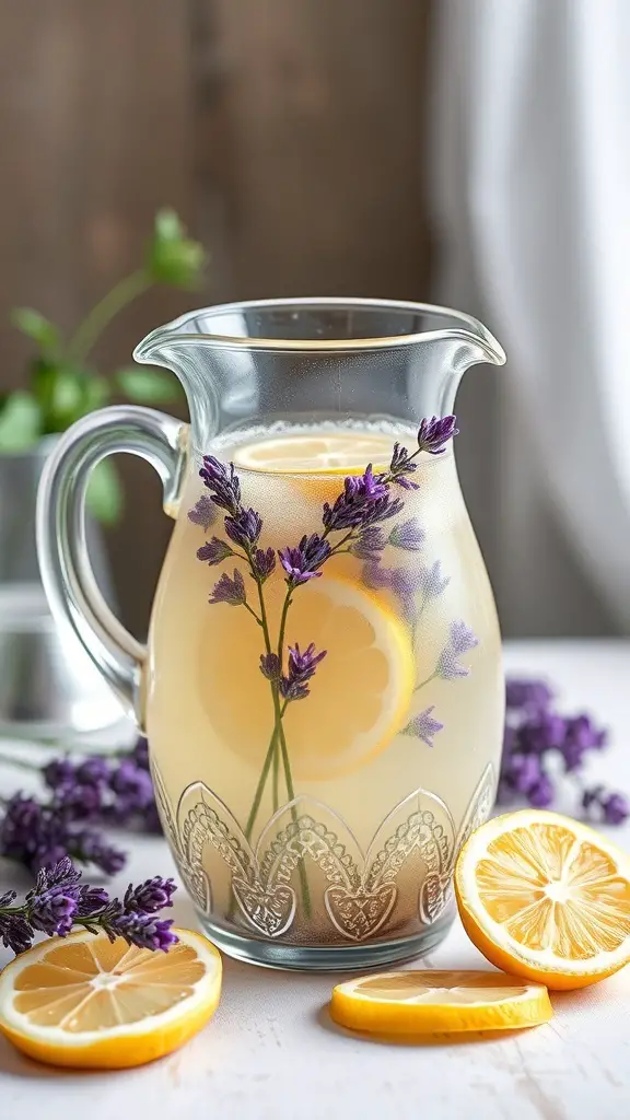 A pitcher of lavender lemonade punch with lemon slices and lavender sprigs