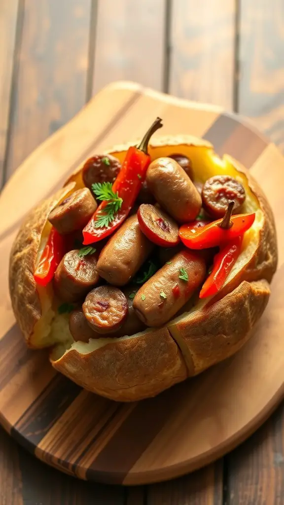 A baked potato filled with sausages and peppers on a wooden board.