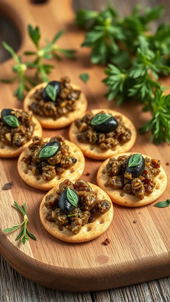 A wooden platter with whole grain crackers topped with olive tapenade and garnished with herbs.