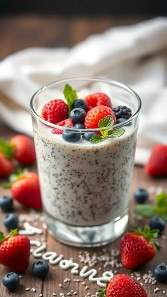 A glass of coconut chia seed pudding topped with fresh berries and mint leaves