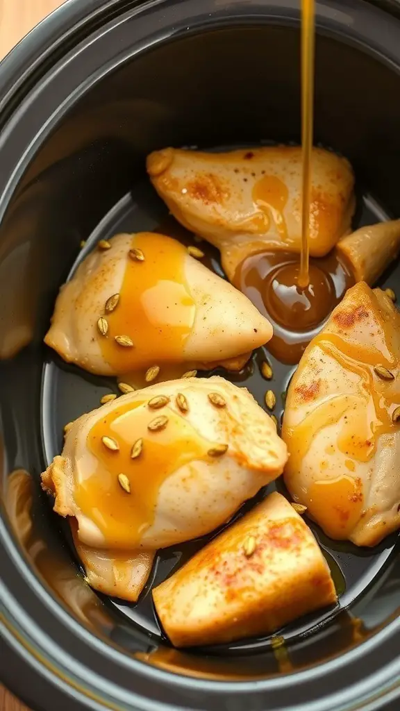 Crockpot with chicken pieces and honey mustard sauce