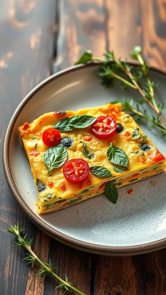 A slice of hearty breakfast frittata topped with cherry tomatoes and fresh basil on a plate.
