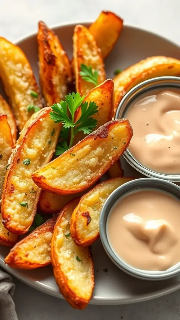 Plate of garlic Parmesan potato wedges with dipping sauces