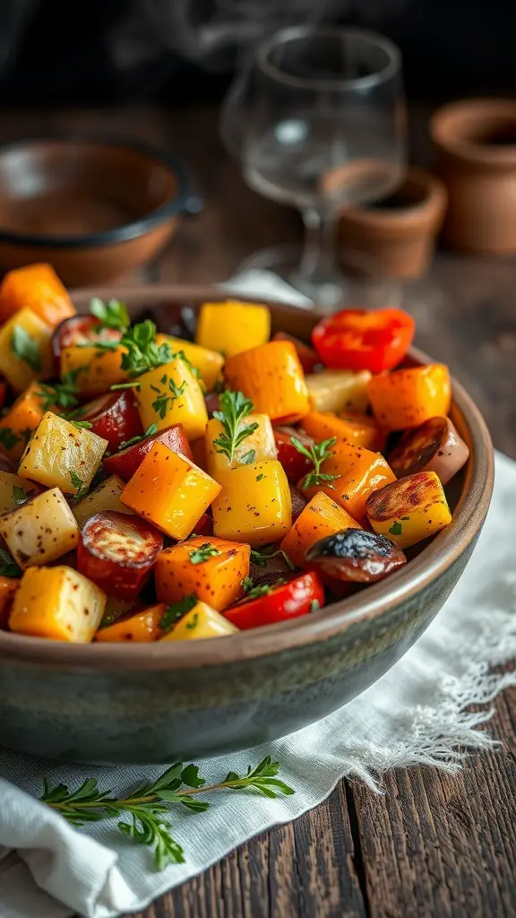 A colorful bowl of smoked vegetables including yellow squash, red bell peppers, and zucchini, garnished with fresh herbs.