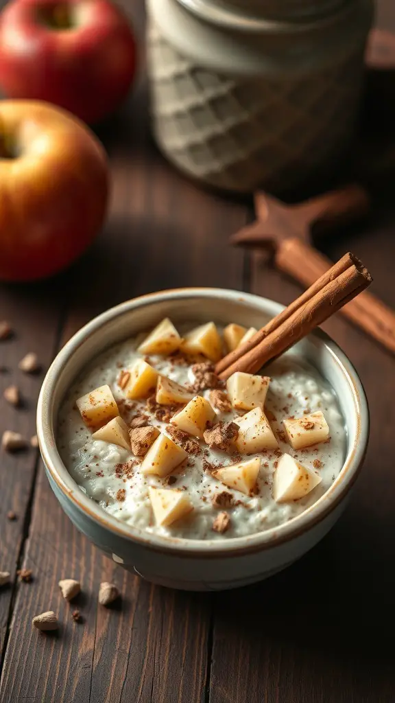 A bowl of spiced apple cinnamon overnight oats topped with diced apples and a cinnamon stick, with apples in the background.