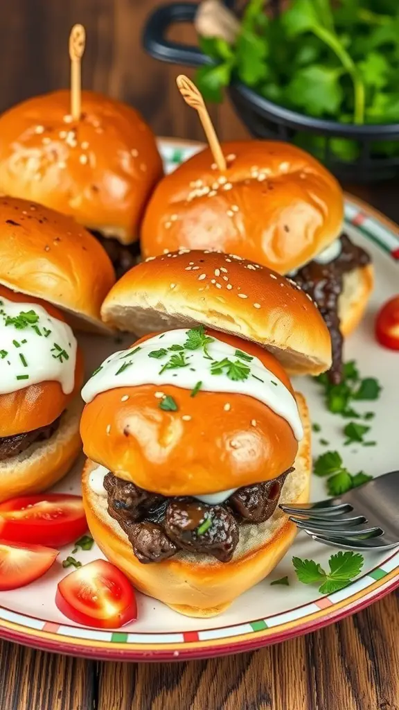 Plate of Mediterranean lamb sliders with sesame buns, topped with sauce and herbs, alongside cherry tomatoes.