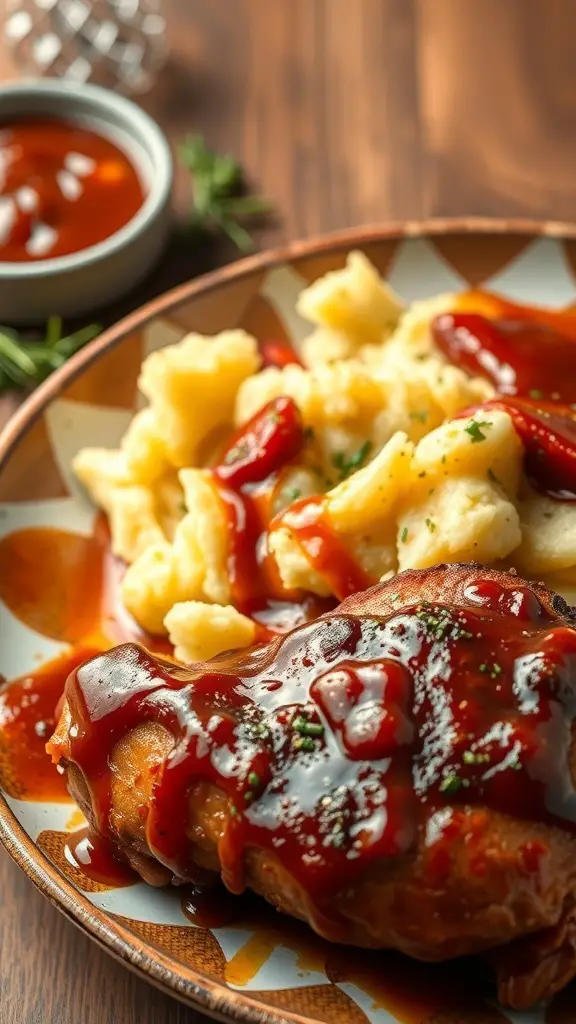 A plate of barbecue chicken with smoky mashed potatoes, garnished with barbecue sauce and herbs.