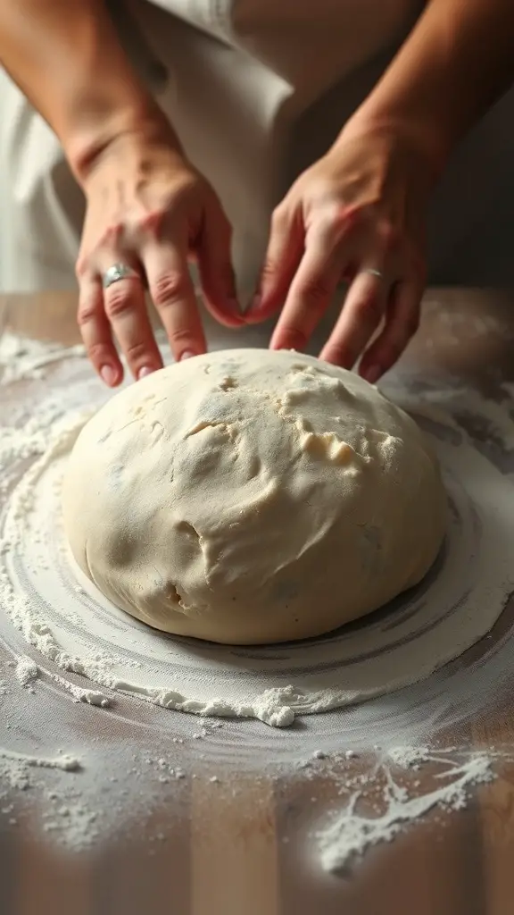 Hands shaping a round ball of dough on a floured surface
