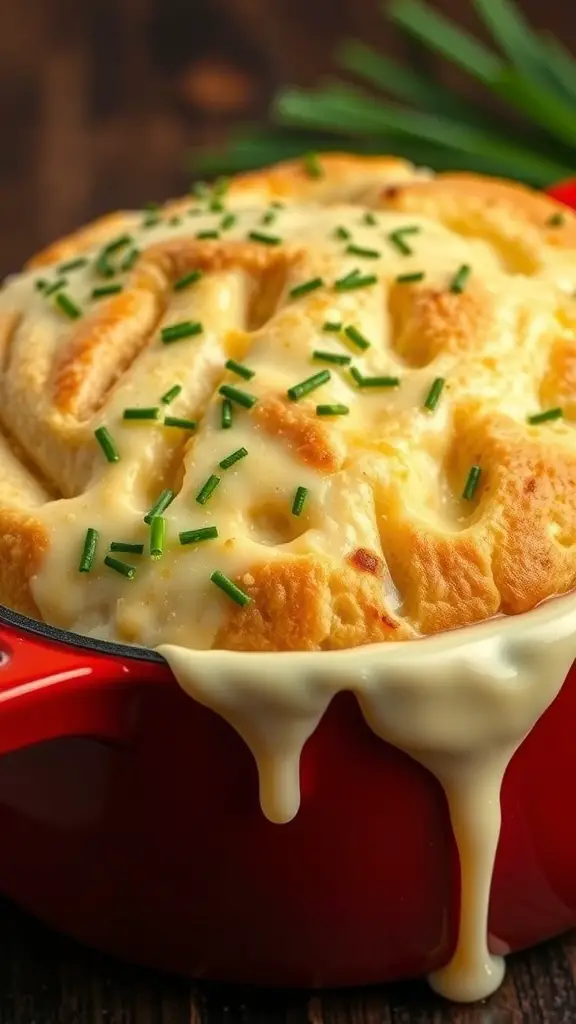Cheddar and Chive Dutch Oven Bread with melted cheese and chives on top