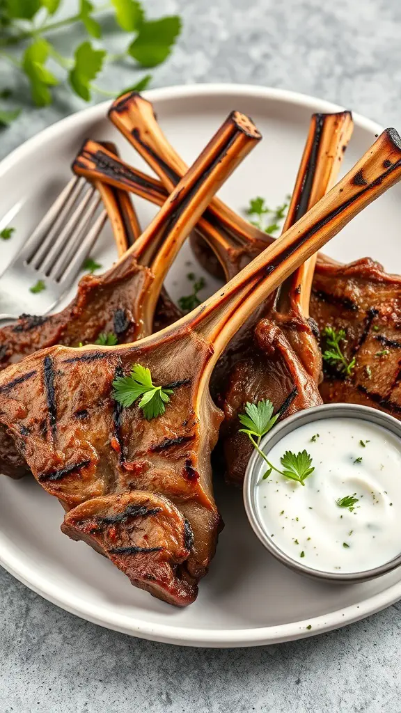 Grilled Mediterranean lamb chops served with a creamy dipping sauce