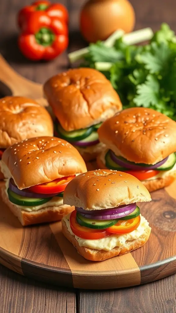 A platter of veggie and hummus sliders with colorful vegetables and sesame seed buns.