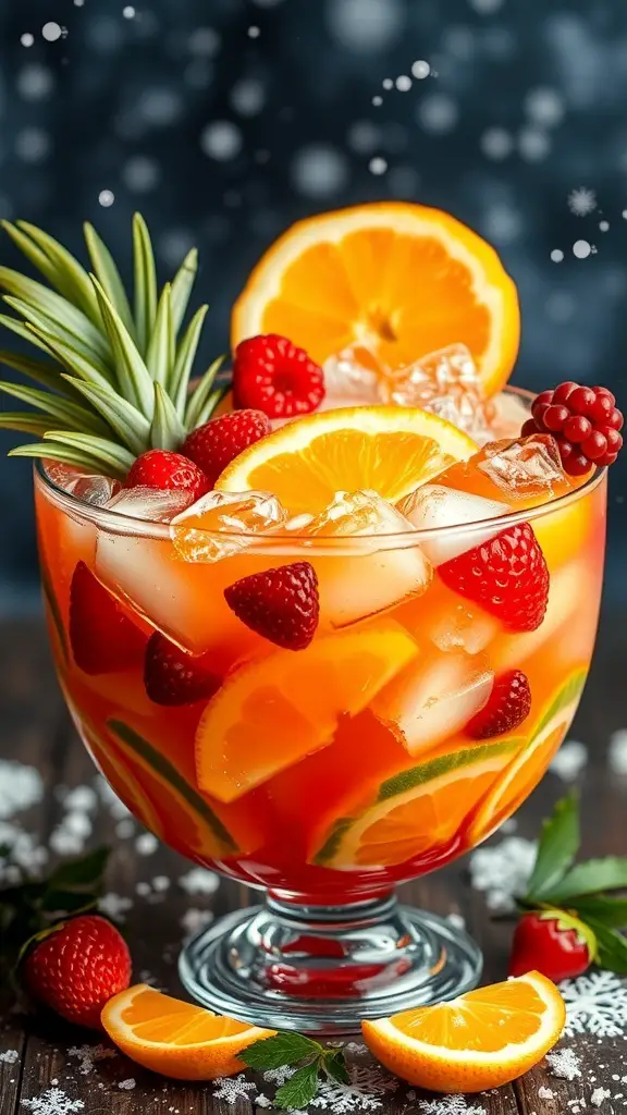 A colorful bowl of Tropical Winter Punch with fresh fruits and ice, perfect for winter gatherings.