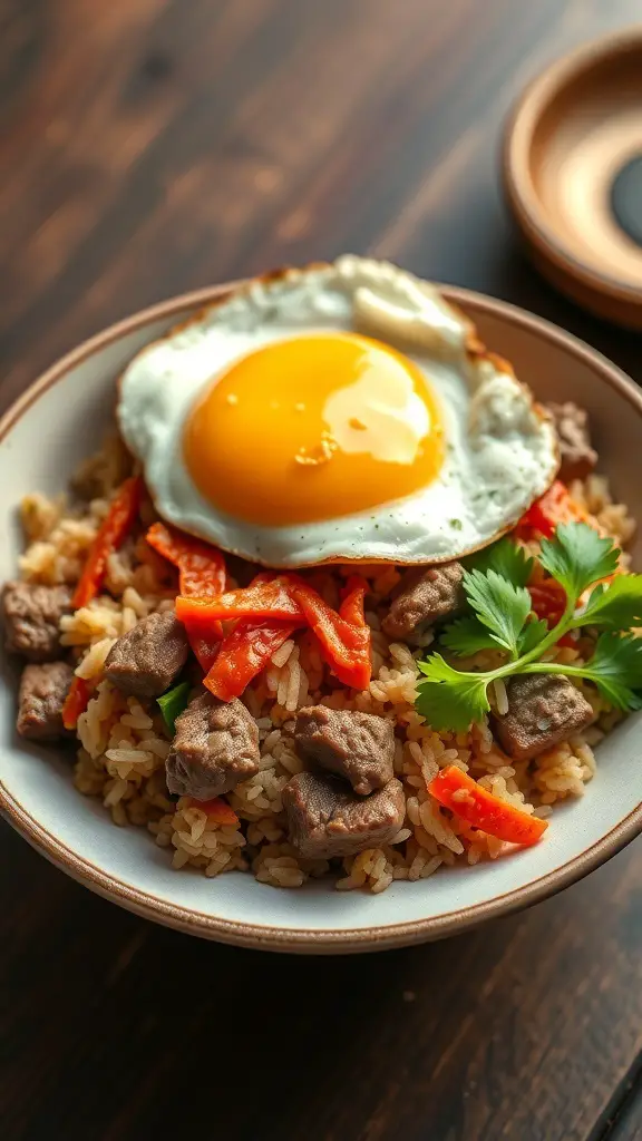 A bowl of beef and kimchi fried rice topped with a fried egg and garnished with cilantro.