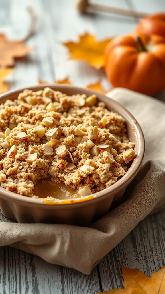 A delicious keto apple crisp with almond flour topping, surrounded by autumn leaves and pumpkins.