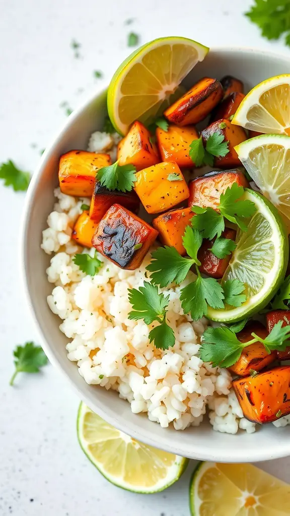 A bowl of cilantro lime rice topped with grilled vegetables and lime wedges.