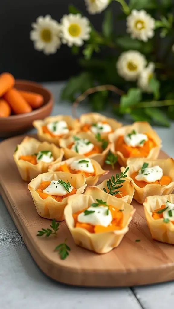 Sweet potato and goat cheese phyllo bites on a wooden platter