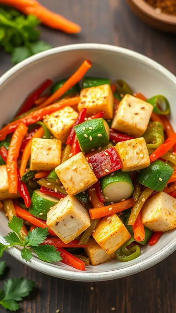 A bowl of colorful vegetable stir-fry with tofu, featuring bell peppers and zucchini.