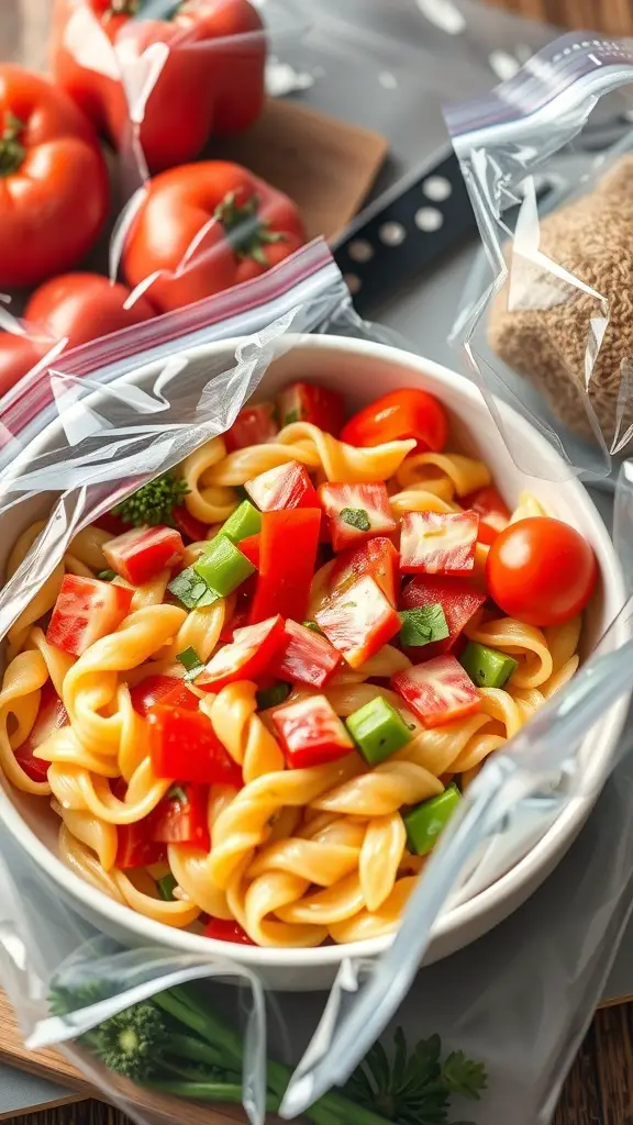 A bowl of pasta primavera with fresh vegetables, surrounded by tomatoes and a cutting board.