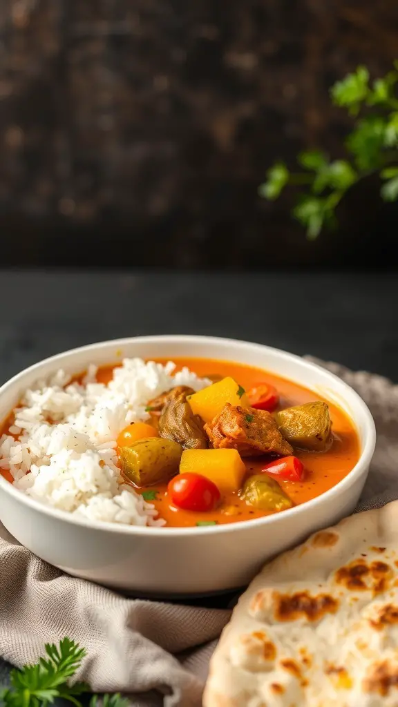 A bowl of vegetable curry with coconut milk served with rice and naan.