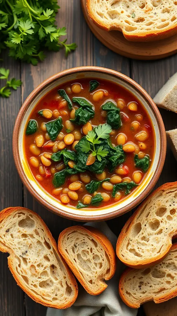 A bowl of lentil and kale stew with slices of bread on the side, garnished with fresh cilantro.