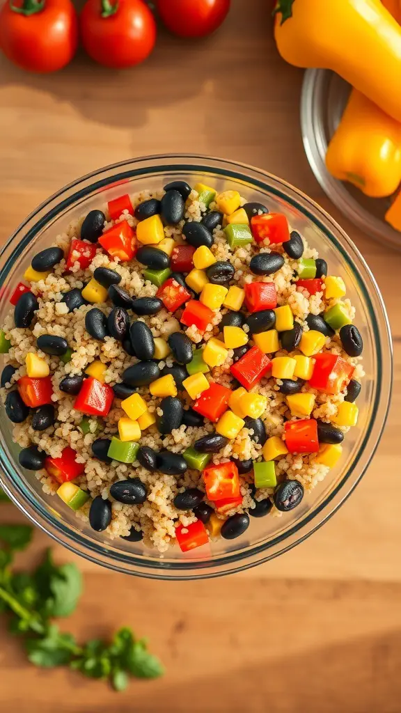 A bowl of quinoa salad with black beans, corn, and colorful bell peppers on a wooden surface.