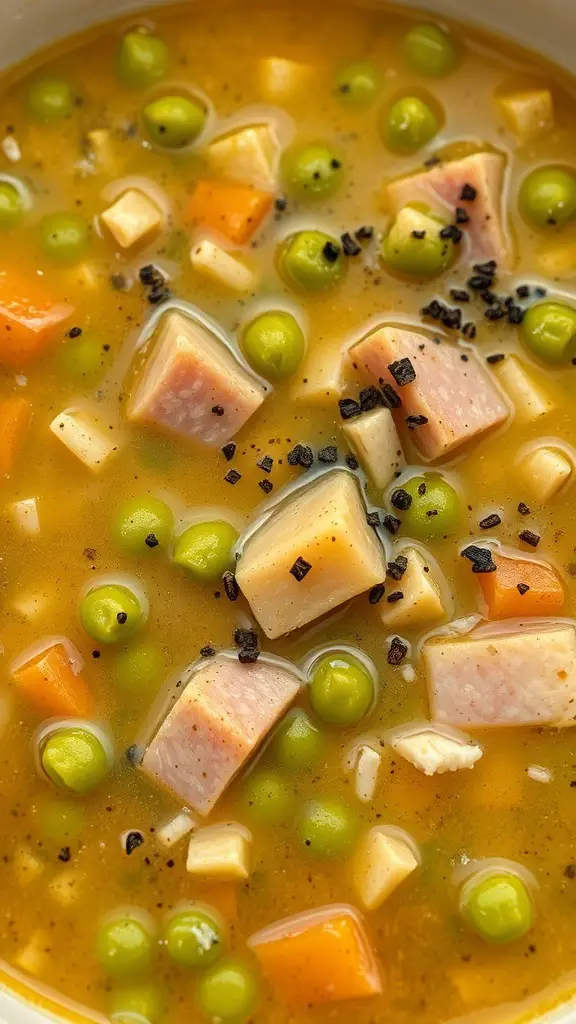 A bowl of split pea soup with ham, featuring green peas, carrots, and chunks of ham.