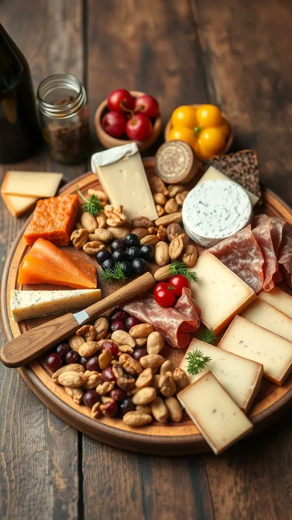 A beautifully arranged artisan cheese and charcuterie board featuring various cheeses, cured meats, nuts, and fresh fruits.