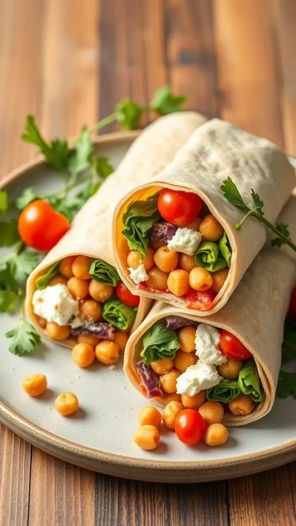 A plate with Mediterranean Chickpea Wraps filled with chickpeas, lettuce, tomatoes, and feta cheese.