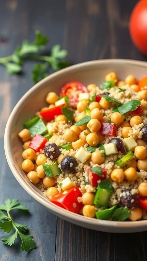 A bowl of chickpea and quinoa salad with colorful vegetables.