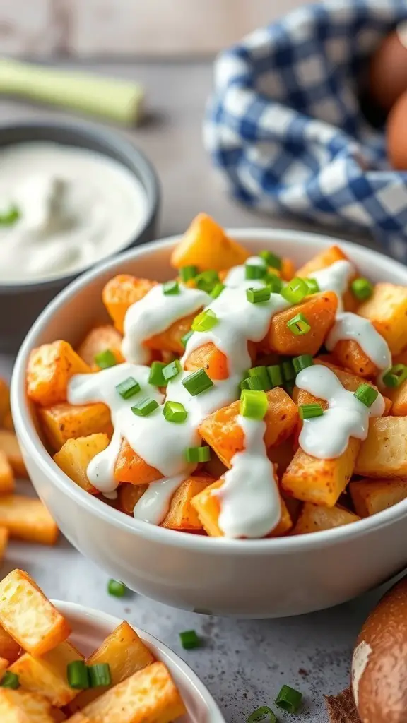 A bowl of Buffalo Ranch Potatoes topped with ranch dressing and green onions.