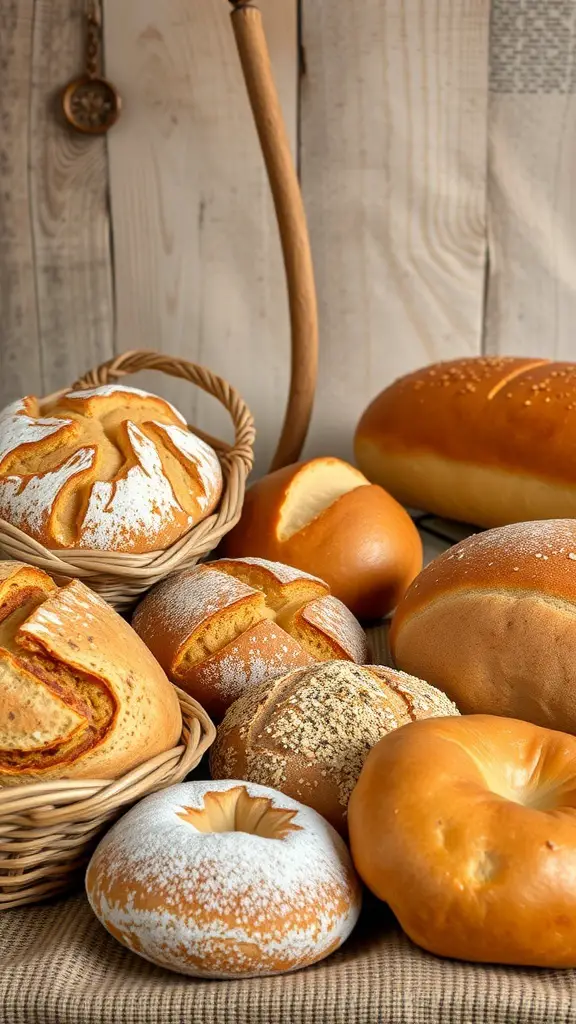 An assortment of freshly baked breads in a basket, showcasing different styles and textures.
